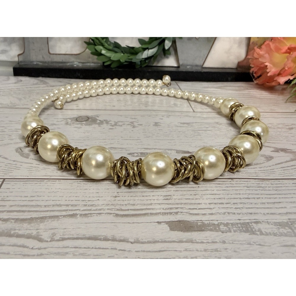 Faux Pearl Choker Necklace Bridal‎ Head Piece Antique Gold Tone Vintage One Size - Picture 2 of 16
